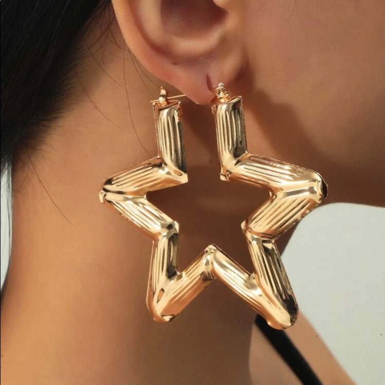Awesome Metallic Oversized Huge Hollow Statement Star Bamboo Joint Hoops
